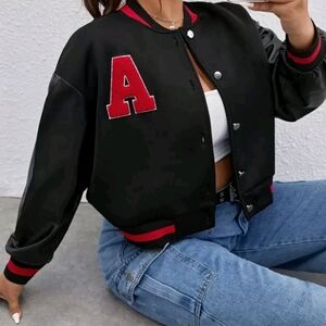 SHEIN Black Varsity Jacket with Red Patch